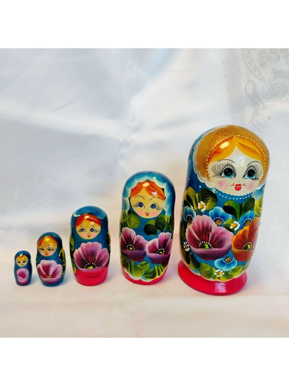 Vintage Hand Painted Floral Russian Matryoshka Nesting Dolls, Set Of 5, Floral